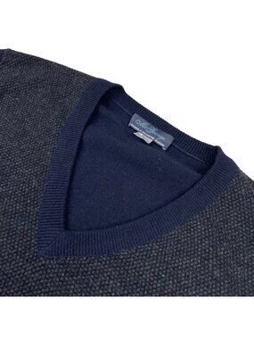 McGeorge Men’s 100% Cashmere Pullover V-Neck Sweater Navy Blue/Gray • Large
